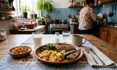 Prato com ovos, feijão, lentilha e sardinha, acompanhado de leite e soja texturizada como fontes variadas e econômicas de proteína.