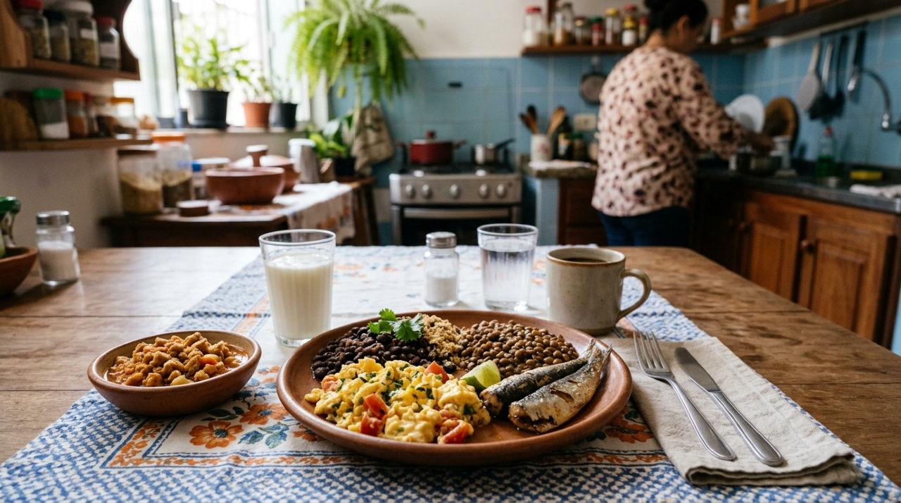Prato com ovos, feijão, lentilha e sardinha, acompanhado de leite e soja texturizada como fontes variadas e econômicas de proteína.