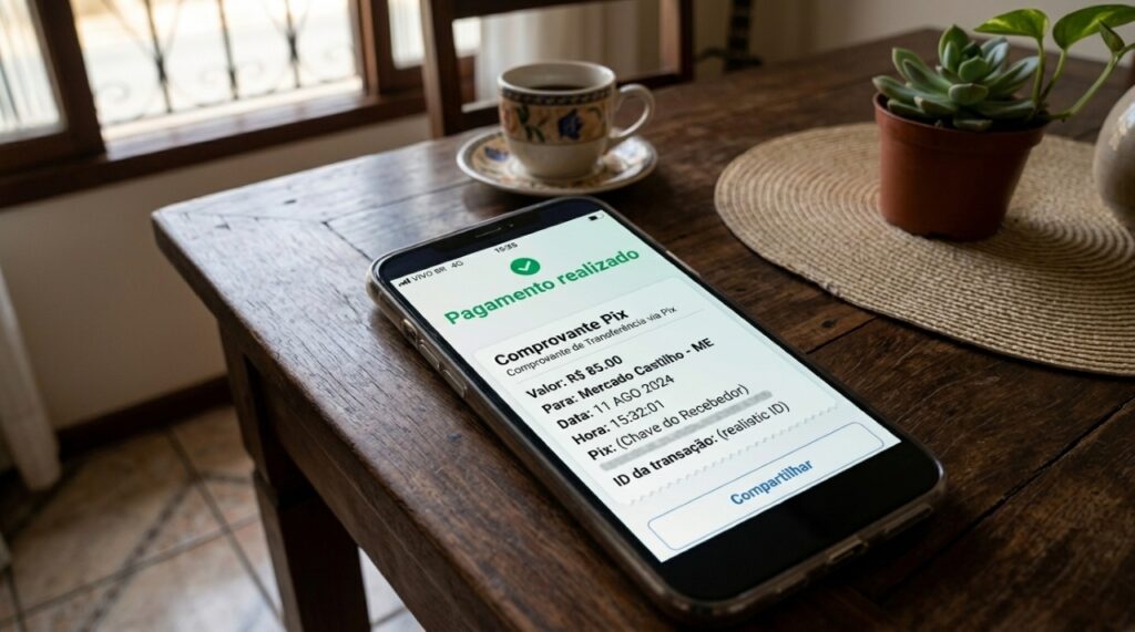Smartphone exibindo uma transferência Pix concluída e um comprovante digital de pagamento sobre uma mesa