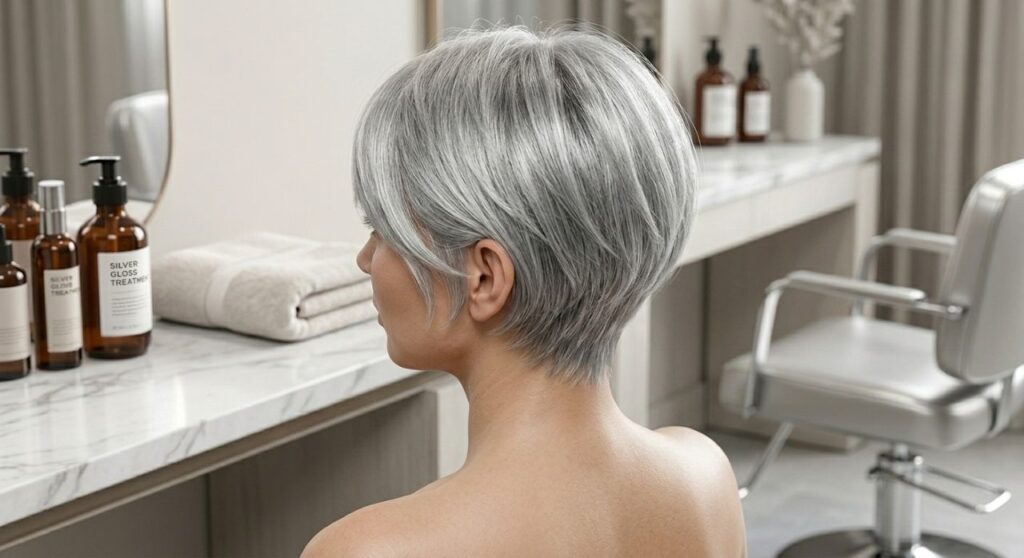 Cabelo grisalho prateado em corte pixie alongado, com franja lateral e topo levemente texturizado.
