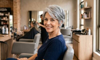 Mulher acima de 60 anos com cabelo grisalho curto em corte pixie texturizado, com camadas leves e volume natural