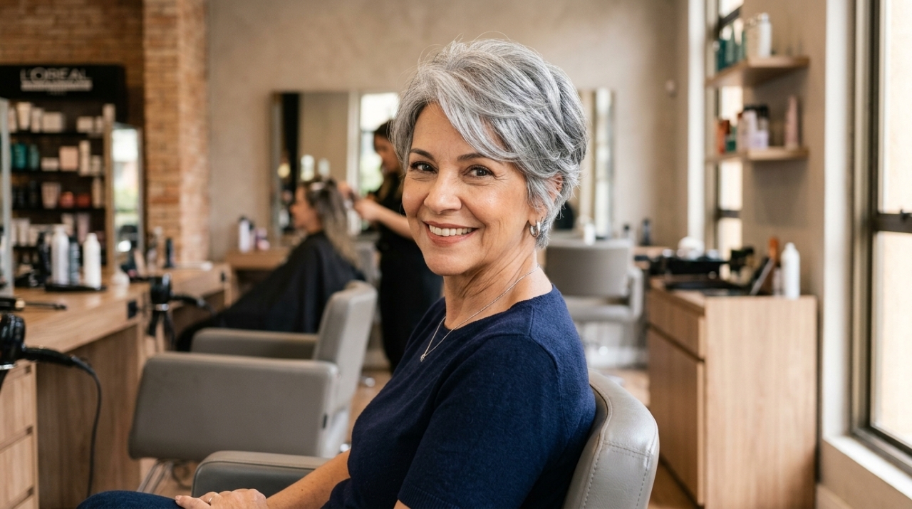 Mulher acima de 60 anos com cabelo grisalho curto em corte pixie texturizado, com camadas leves e volume natural