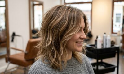 Cabelo feminino de comprimento médio com corte shaggy, camadas suaves, volume natural e pontas com movimento em um salão de beleza