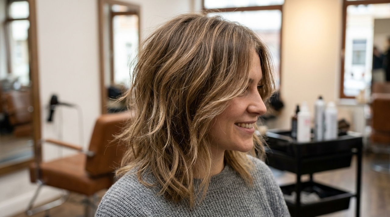 Cabelo feminino de comprimento médio com corte shaggy, camadas suaves, volume natural e pontas com movimento em um salão de beleza