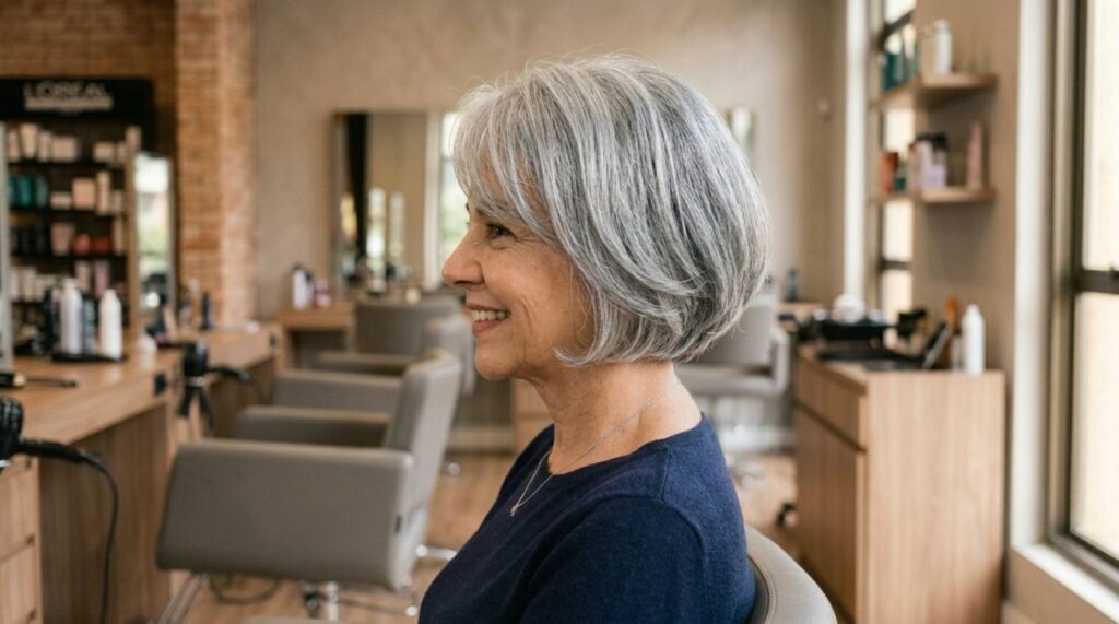 Mulher acima de 60 anos com cabelo grisalho em corte bob curto com camadas suaves, pontas arredondadas e volume equilibrado.
