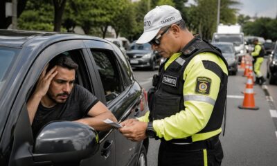 Agente de trânsito com colete amarelo entrega papéis a motorista em carro preto.