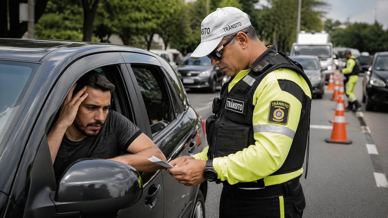Agente de trânsito com colete amarelo entrega papéis a motorista em carro preto.
