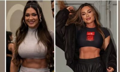 Juju Salimeni em comparação de antes e depois, exibindo perda de 10kg e definição