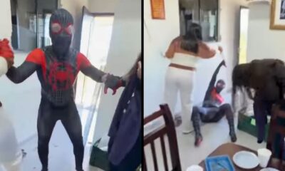 Pai vestido de Homem-Aranha Miles Morales em duas cenas: em pé e depois deitado no chão