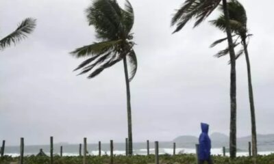 Pessoa de capa de chuva azul andando em dia de ventania com coqueiros ao fundo