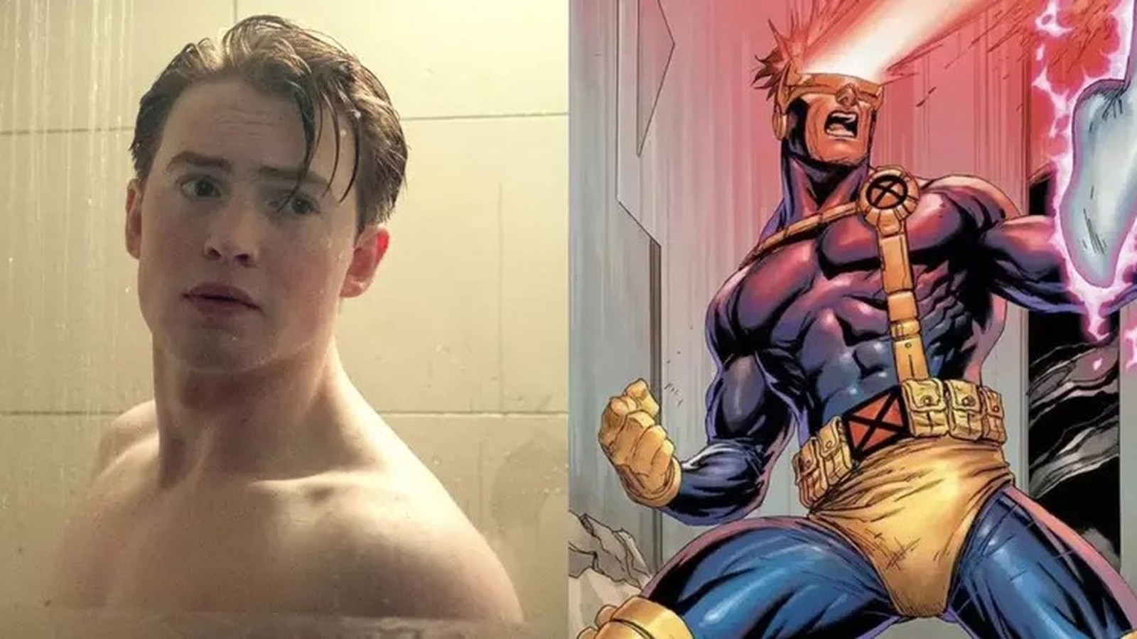Kit Connor em imagem dividida com o personagem Ciclope dos quadrinhos da Marvel