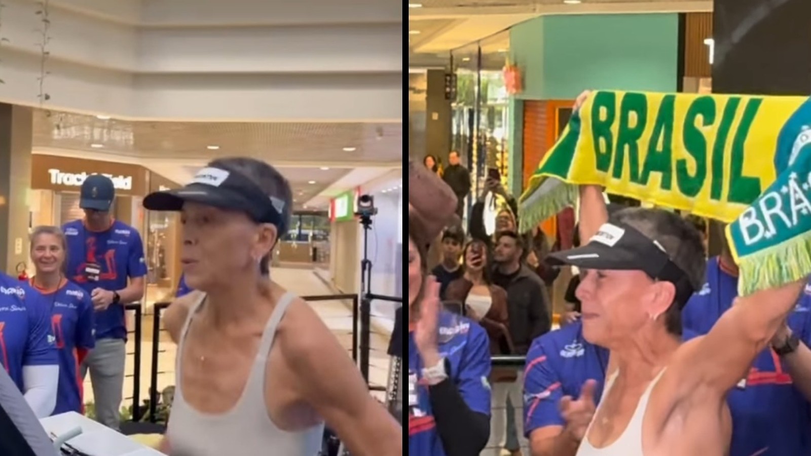 Mulher de regata branca e viseira na esteira e comemorando recorde com faixa Brasil