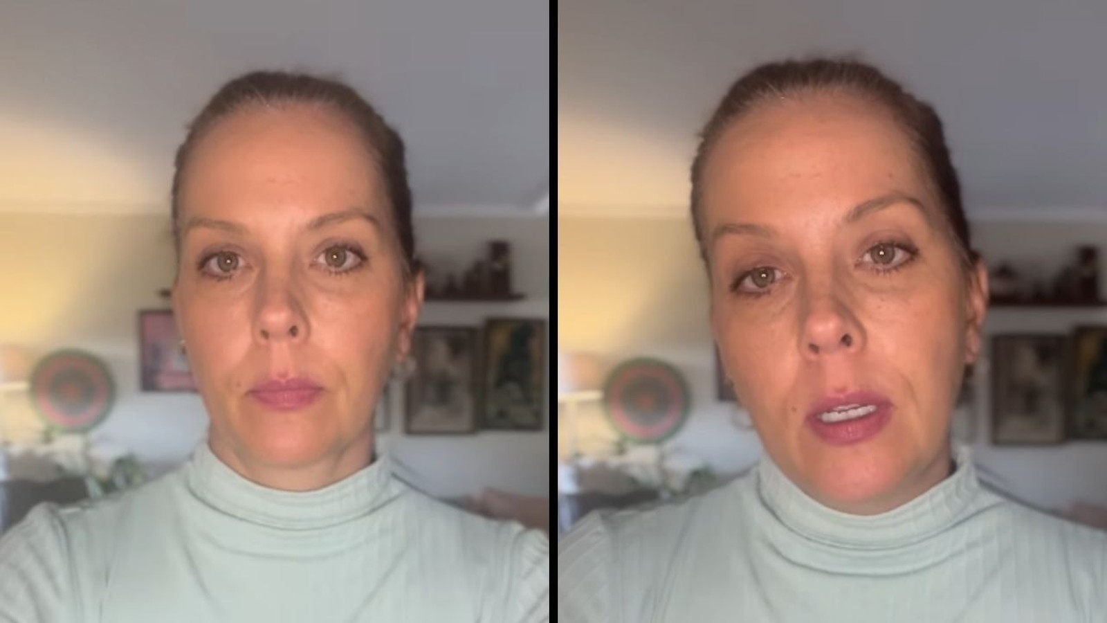 Daniela Ungaretti em foto dividida, à esquerda boca fechada, à direita boca levemente aberta