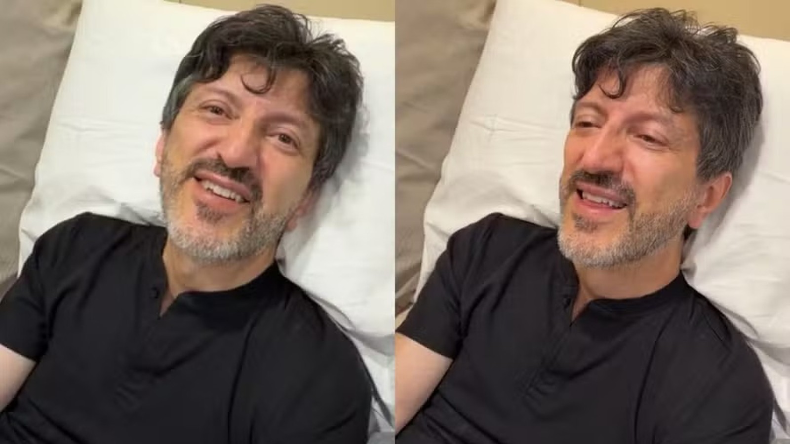 Lito Sousa em cama de hospital, sorrindo e pensativo, usando camisa preta