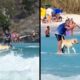 Homem e cão Labrador surfam em prancha, em duas cenas divididas de praia