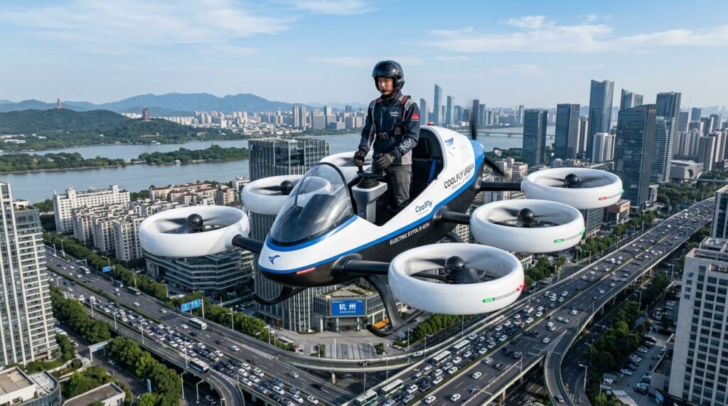 Uma aeronave elétrica de decolagem vertical chama atenção pelo controle por joystick e pela posição ereta do piloto, enquanto desafios de segurança e autonomia seguem no centro