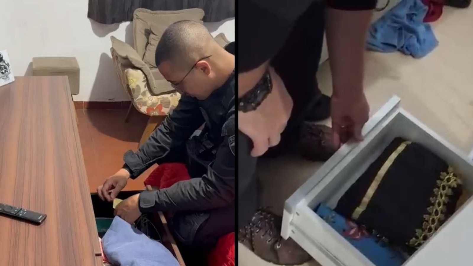 Homem de camisa escura revistando gavetas com roupas dobradas em uma residência