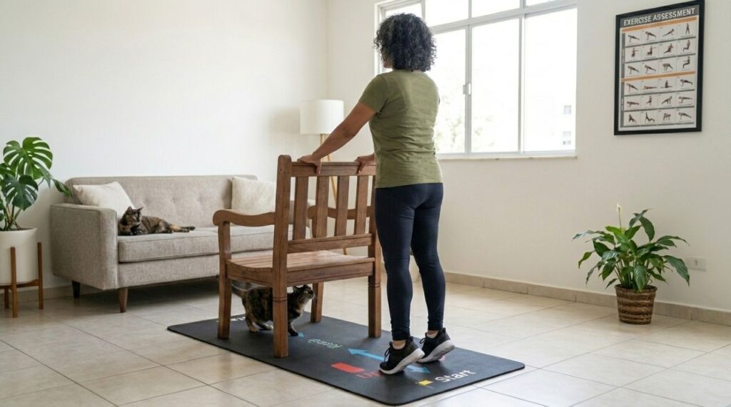 Mulher com mais de 50 anos fazendo elevação de panturrilhas com apoio em uma cadeira firme dentro de casa