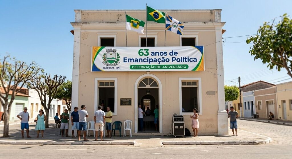 Fachada da Prefeitura de João Dias com faixa comemorativa dos 63 anos de emancipação política do município.