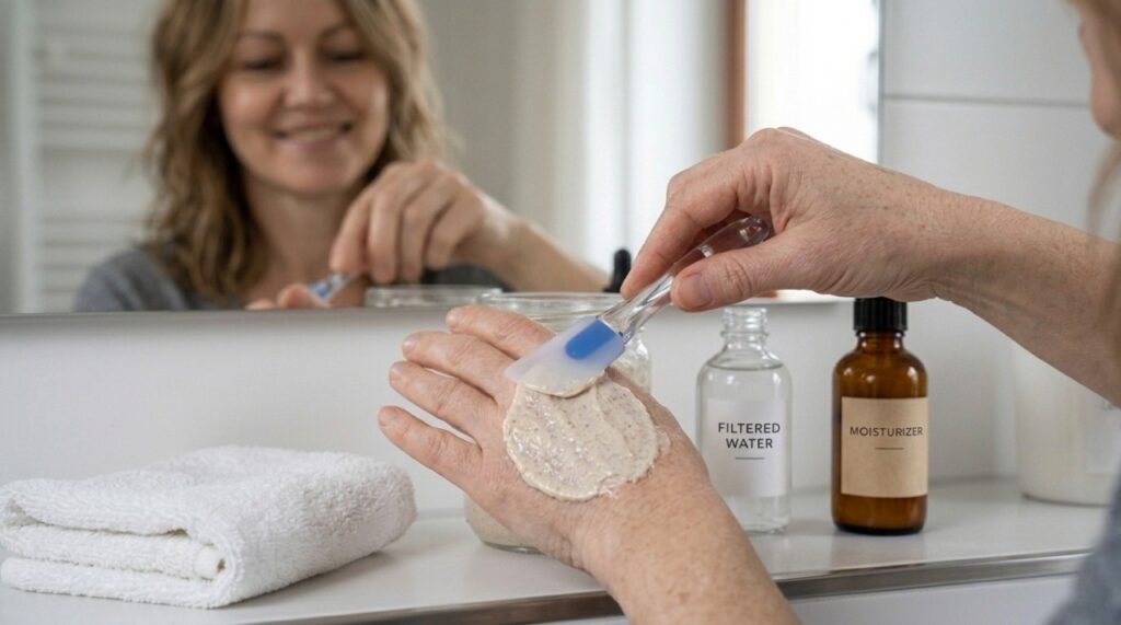 Pasta de aveia sendo espalhada suavemente sobre o dorso da mão com uma espátula de silicone, ao lado de um hidratante facial e uma toalha branca