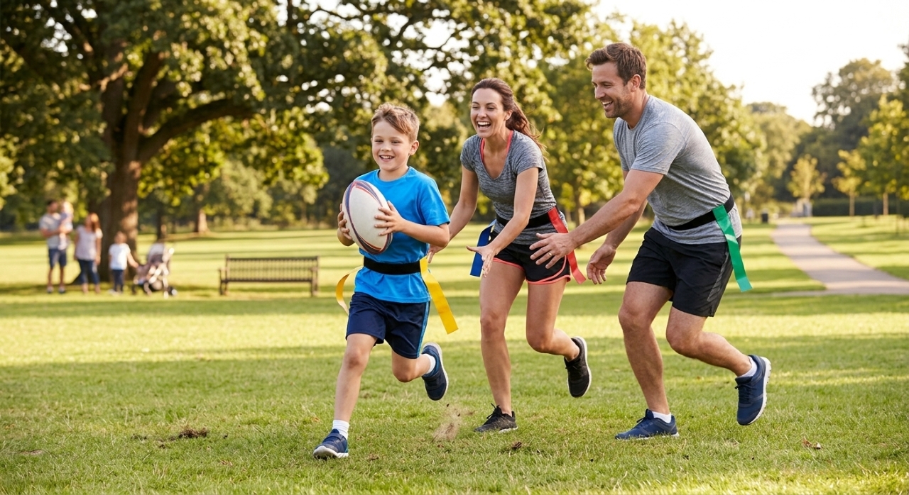 Família jogando tag rugby em um parque, com criança correndo com a bola enquanto os pais participam.