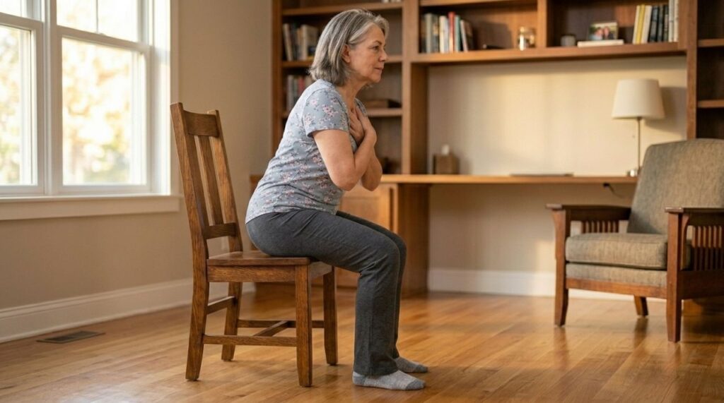 Adulto acima de 50 anos descendo de forma controlada para sentar em uma cadeira, com joelhos alinhados e pés firmes no chão.