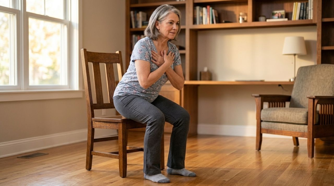 Adulto acima de 50 anos se levantando de uma cadeira firme sem apoiar as mãos, com os pés no chão e postura controlada.