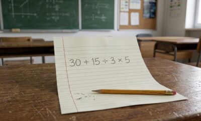 Folha sobre uma mesa de estudos com a expressão “30 + 15 ÷ 3 × 5” escrita em destaque e um lápis ao lado, sem apresentar a resposta