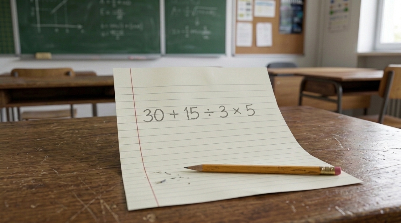 Folha sobre uma mesa de estudos com a expressão “30 + 15 ÷ 3 × 5” escrita em destaque e um lápis ao lado, sem apresentar a resposta