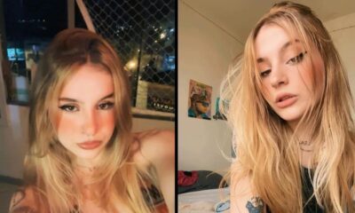 Joviana Evelyn Iankovski, jovem de cabelos loiros e piercings, em duas fotos