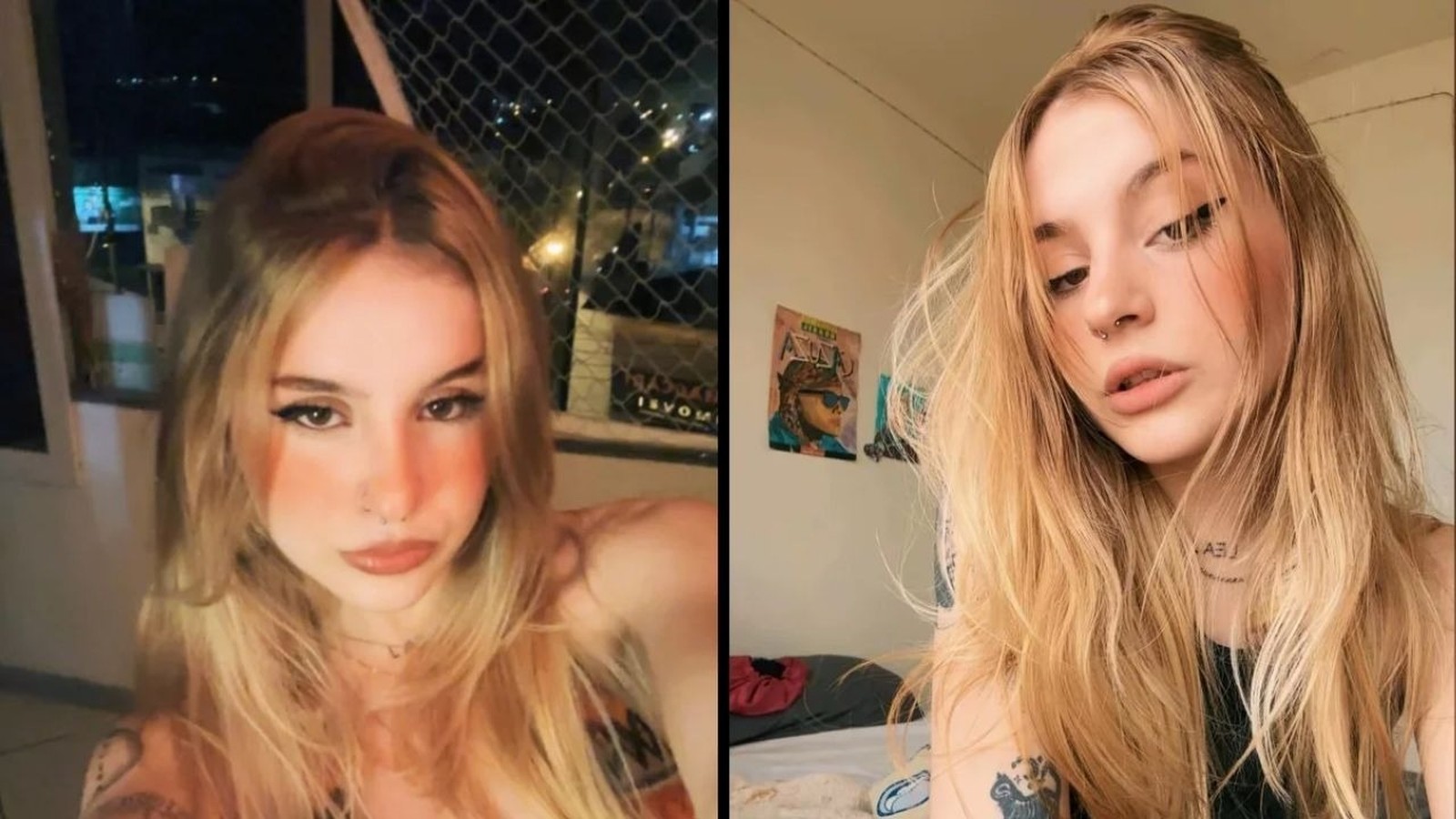 Joviana Evelyn Iankovski, jovem de cabelos loiros e piercings, em duas fotos