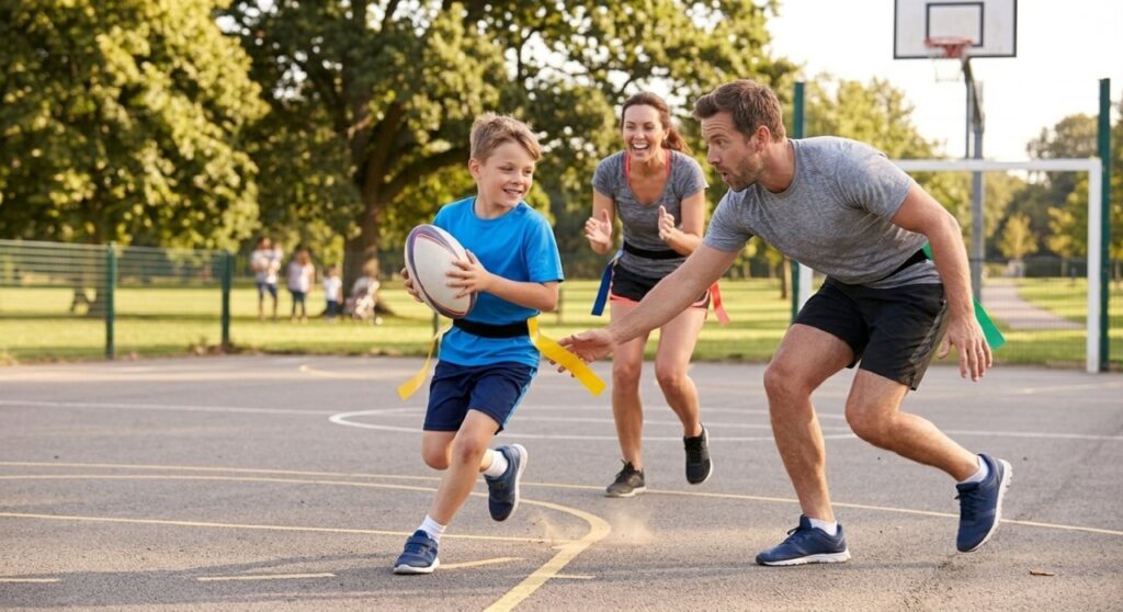 Criança com bola de rugby em uma quadra enquanto brinca e desvia de um adulto durante atividade em família.