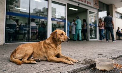 Cachorro vira-lata marrom deitado em frente à entrada de um hospital com ração e água