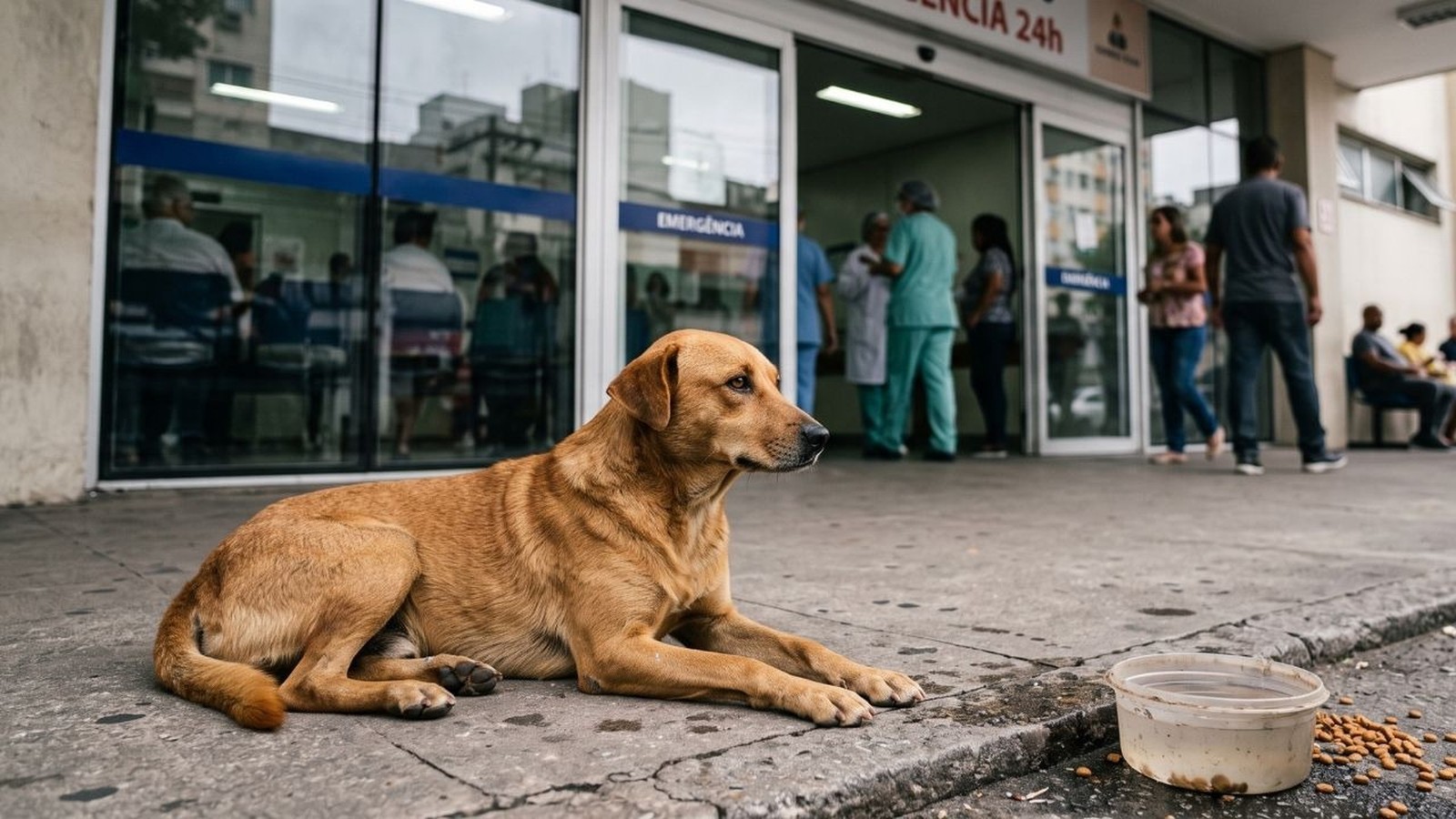 Cachorro vira-lata marrom deitado em frente à entrada de um hospital com ração e água