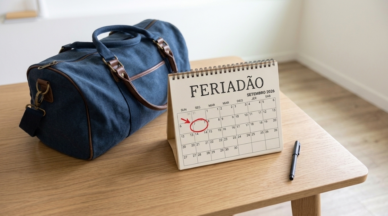 Calendário destacando o dia 7 de setembro de 2026, que cai em uma segunda-feira, ao lado de uma mala de viagem fechada, representando o planejamento para o feriadão