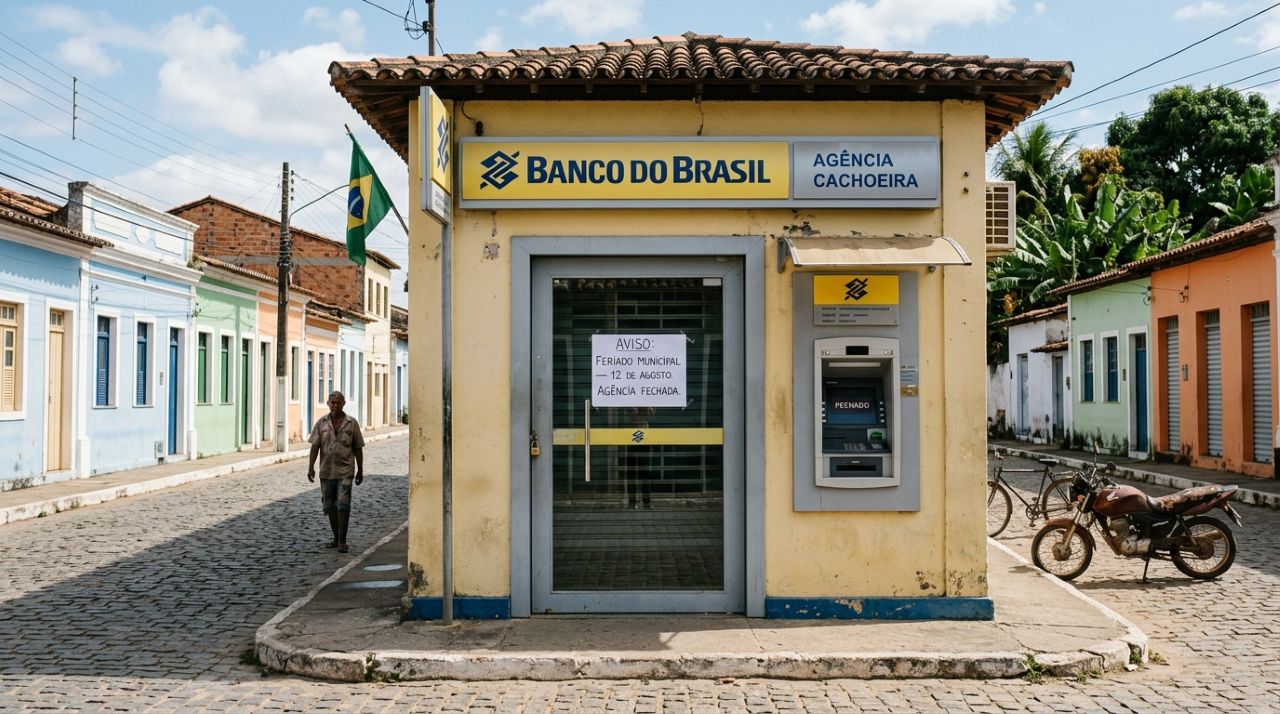 Agência bancária fechada com aviso de feriado municipal em 12 de agosto