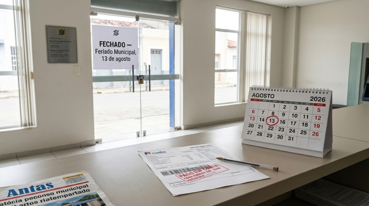 Agência bancária fechada durante o feriado municipal de 13 de agosto em Antas, Bahia, com boleto e comprovante de pagamento