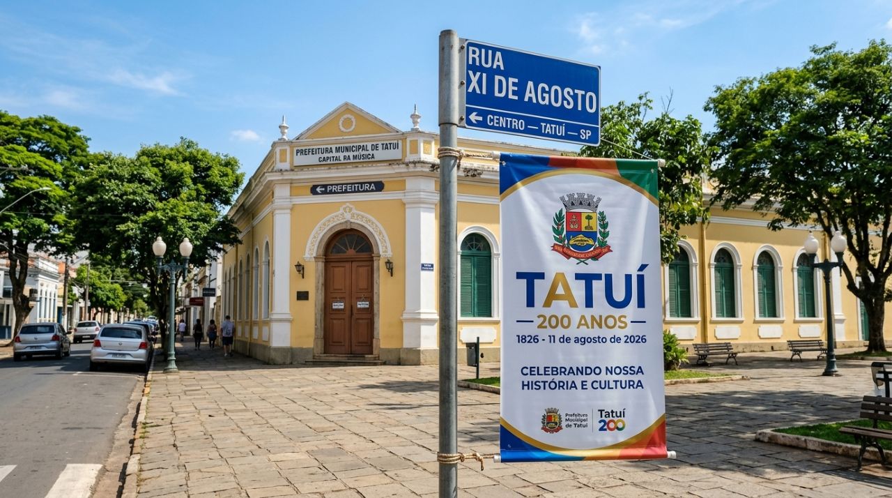 Placa de Tatuí e faixa comemorativa dos 200 anos da cidade em frente a prédio público municipal