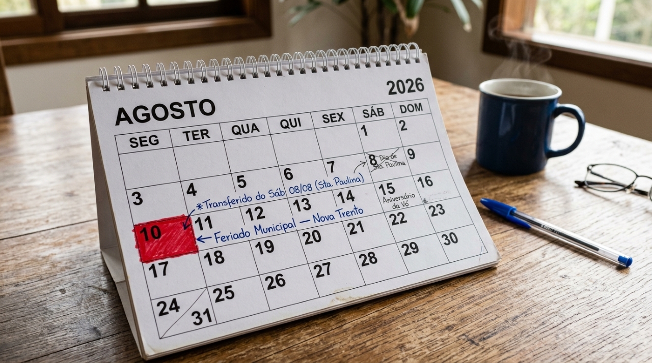 Calendário de agosto de 2026 com o dia 10 destacado e a indicação de feriado municipal em Nova Trento