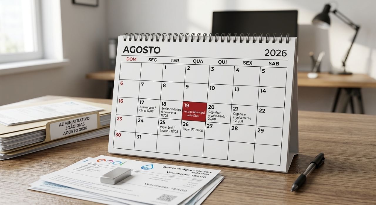 Calendário de agosto de 2026 com o dia 19 destacado como feriado municipal em João Dias, ao lado de boletos e documentos organizados.