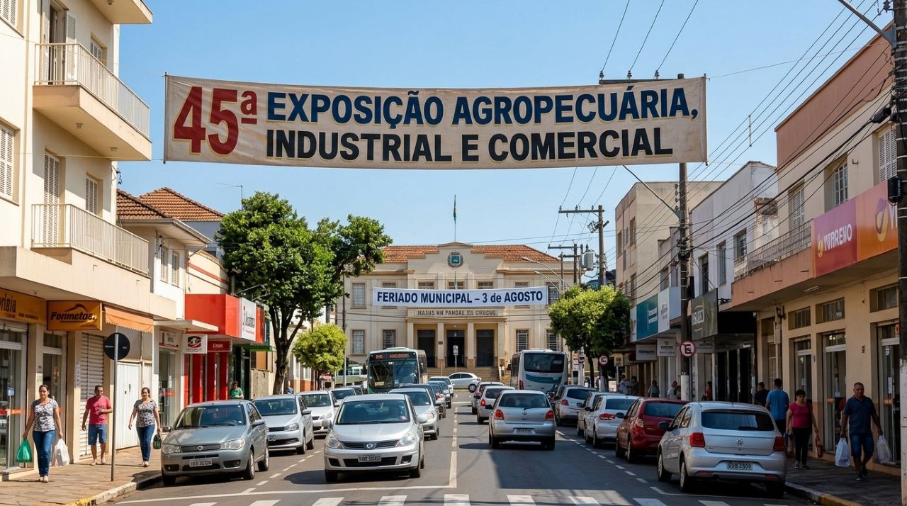 Rua de Santo Antônio de Pádua com banner da 45ª Exposição Agropecuária e placa informando feriado municipal em 3 de agosto