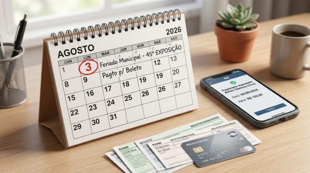 Calendário marcando 3 de agosto de 2026 ao lado de boletos, cartão bancário e celular com pagamento agendado
