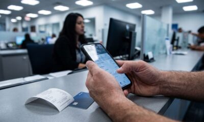 Mãos seguram smartphone com aplicativo financeiro, cartão bancário e recibo em mesa