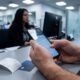 Mãos seguram smartphone com aplicativo financeiro, cartão bancário e recibo em mesa