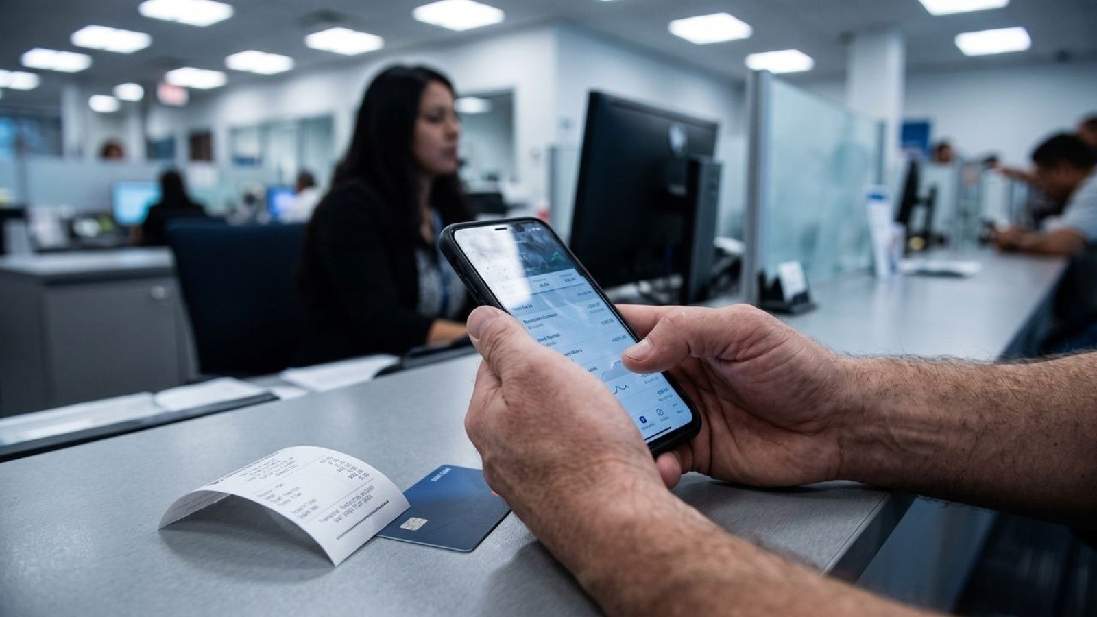 Mãos seguram smartphone com aplicativo financeiro, cartão bancário e recibo em mesa