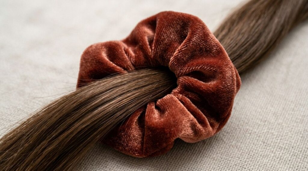Scrunchie largo prendendo suavemente uma mecha de cabelo castanho saudável, sem fios quebrados.