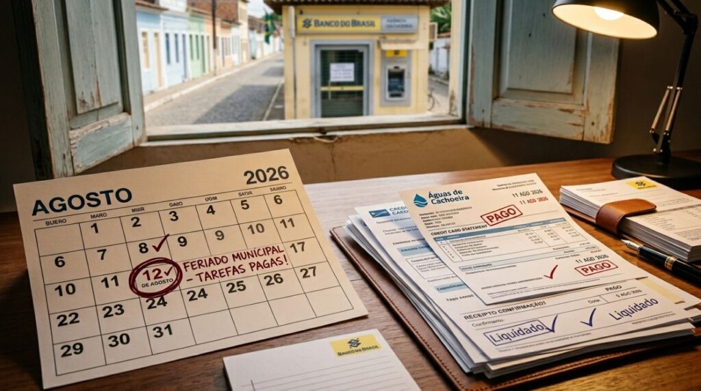 Calendário de agosto de 2026 com o dia 12 destacado ao lado de documentos e contas organizadas