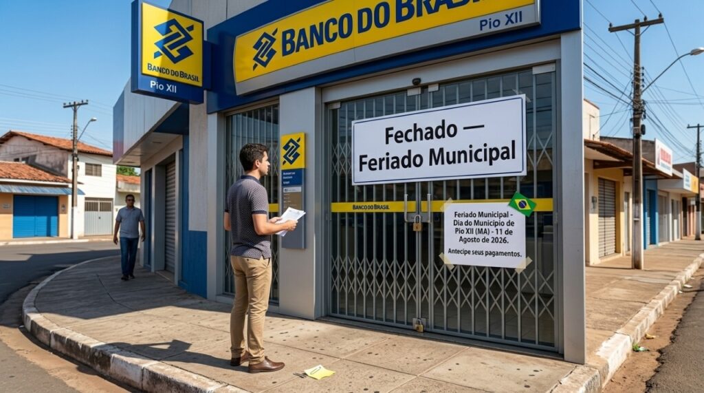 Entrada de agência bancária fechada com aviso de feriado municipal em Pio XII (MA)