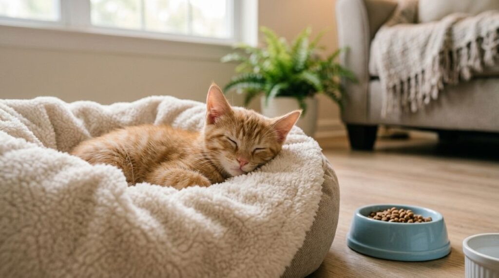 Gatinho resgatado descansando em uma caminha dentro de um lar temporário, com pote de comida ao lado