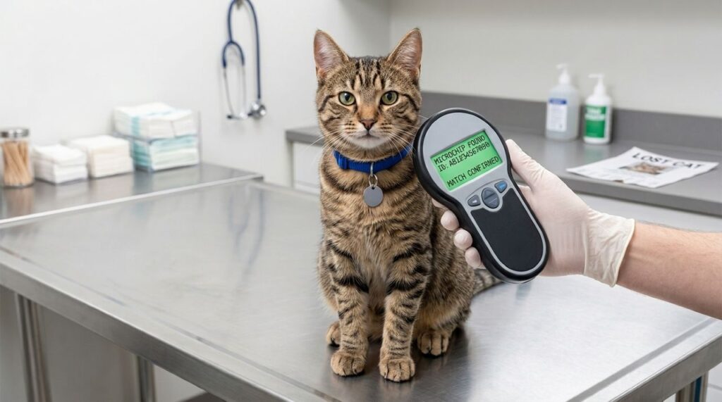 Gatinha ao lado de um leitor de microchip em uma clínica veterinária durante a confirmação de sua identidade